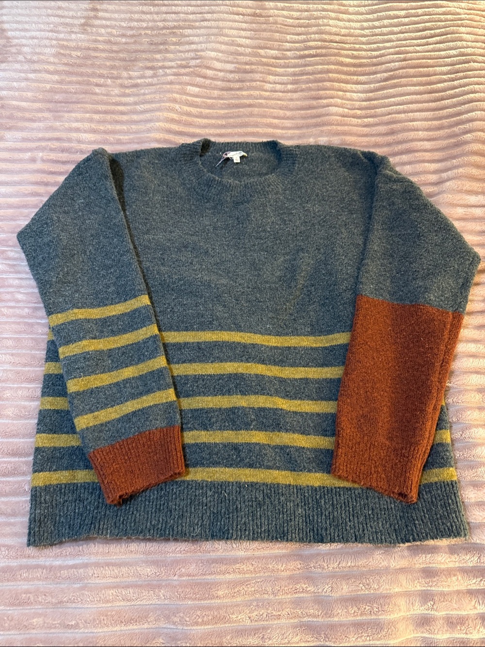 Mystree Blue-Grey Crewneck Sweater with Mustard Stripes and Rust Sleeve